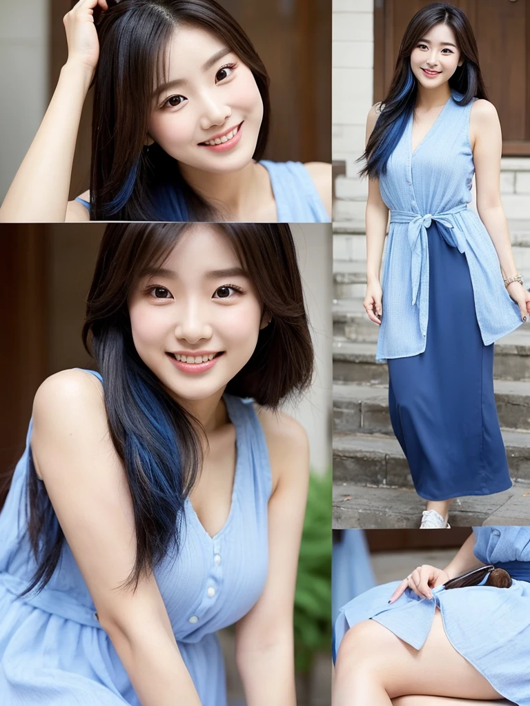 Kwon Eun-bi is a 28-year-old Korean young adult with: Long brown and black hair with blue streaks in hairstyles that enhance her face. Big, brown eyes that are expressive and captivating.
Clear, radiant skin. Charming smile, her curved lips and contagious smile light up her face.
Medium height and a natural body made up of curves that are sixths proportional to her. Medium breasts, and a slimmer body.
She wears feminine clothes that highlight her beauty, elegance and curves.