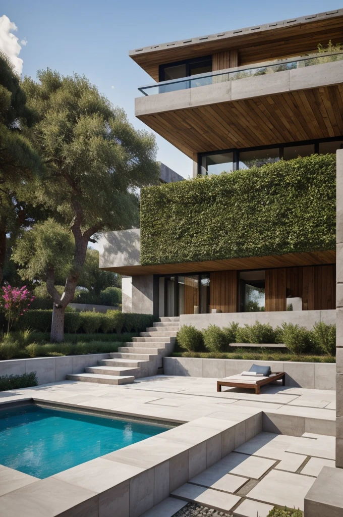 The house in Minecraft combines medieval and contemporary style in a balanced way, con una base de piedra y adoquines que se eleva usando concreto blanco y vidrio. La gran puerta de madera oscura y las amplias ventanas de vidrio con marcos de hierro destacan en la fachada. El techo mezcla tejas de pizarra con secciones planas de concreto, while small turrets and a stone chimney add a medieval touch. Los exteriores incluyen jardines formales y una piscina moderna. Wooden balconies and large contemporary terrace offer functional and aesthetically pleasing spaces.
