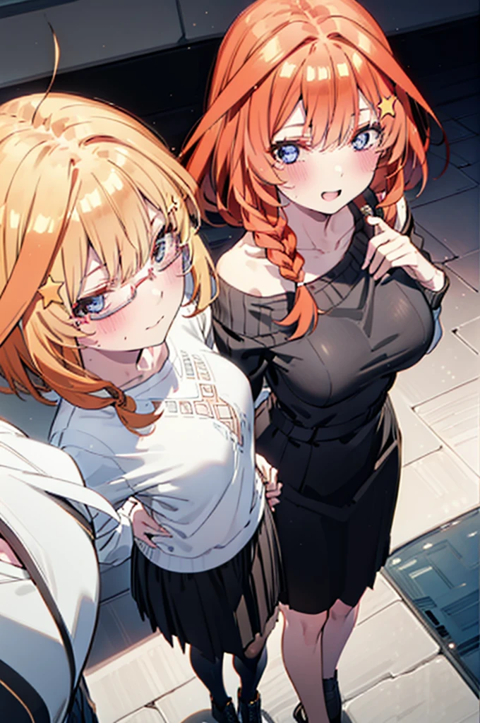 itsukinakano, Itsuki Nakano, bangs, blue eyes, Hair between the eyes, Ahoge, Redhead, star \(symbol\), hair ornaments, star hair ornaments,happy smile, smile, Open your mouth,blush,Akabuchi Glasses,Big Breasts,Long braids,One-shoulder sweater,Long skirt,Black pantyhose,short boots,Daytime,walking,whole bodyがイラストに入るように,crowd, people々々,
break indoors, Shopping mall,
break looking at viewer, whole body,
break (masterpiece:1.2), highest quality, High resolution, unity 8k wallpaper, (figure:0.8), (Beautiful fine details:1.6), Highly detailed face, Perfect lighting, Highly detailed CG, (Perfect hands, Perfect Anatomy),