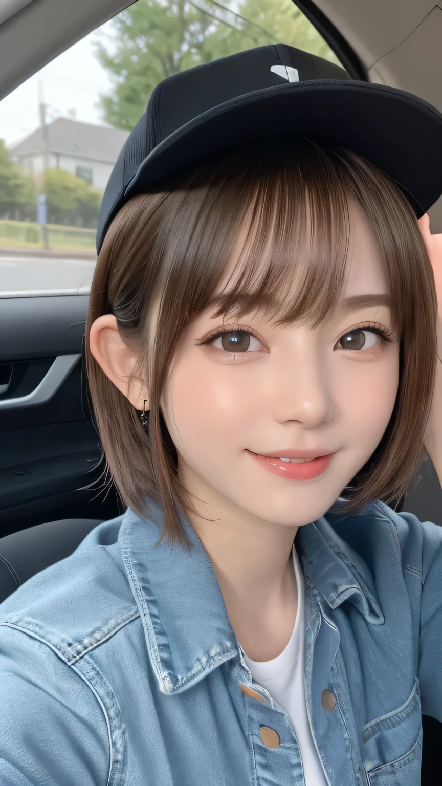 closeup shot , Best picture quality (8K, high resolution, Masterpiece: 1.2), super detailed, 215 Short Hair, 16-year-old woman,
situation: A scene of people enjoying a road trip while driving。
clothing: Casual travel style(T-Shirts、denim、sneakers)。Sunglasses and caps。
angle: With the interior of the car and the scenery in the background、Photograph your driving from the front and side。While projecting the scenery seen from the train window、Relaxing scenes at rest stops、Close up photo shoot outside the car。
Close-up of face
, random cute pose ,big eyes ,Puffy eyes , Heart Pupil, blush , huge shy smile , salute