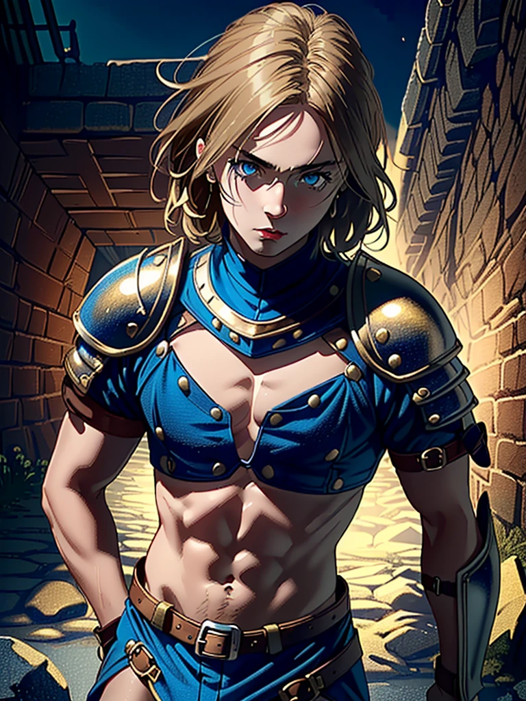 1man, (male), (medieval rogue:1.6), rouge, (armor on torso:1.2), medieval clothes, ((glowy blue eyes)), ((dark blonde hair)), (masterpiece, ccurate, anatomically correct, textured skin, super detail, high details, high quality, best quality, highres, 4K), character design, (UHD, 8K, award winning, high quality, masterpiece, ccurate), (((cinematic light))), ((medieval theme)), ((do not go beyond the edges of the image:1.8)), (((detailed background))), (((rating:safe)))