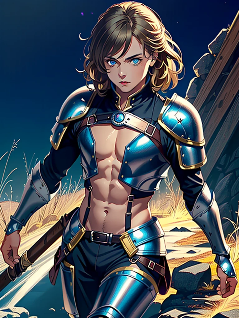 1man, (male), (medieval rogue:1.6), rouge, (armor on torso:1.2), medieval clothes, ((glowy blue eyes)), ((dark blonde hair)), (masterpiece, ccurate, anatomically correct, textured skin, super detail, high details, high quality, best quality, highres, 4K), character design, (UHD, 8K, award winning, high quality, masterpiece, ccurate), (((cinematic light))), ((medieval theme)), ((do not go beyond the edges of the image:1.8)), (((detailed background))), (((rating:safe)))