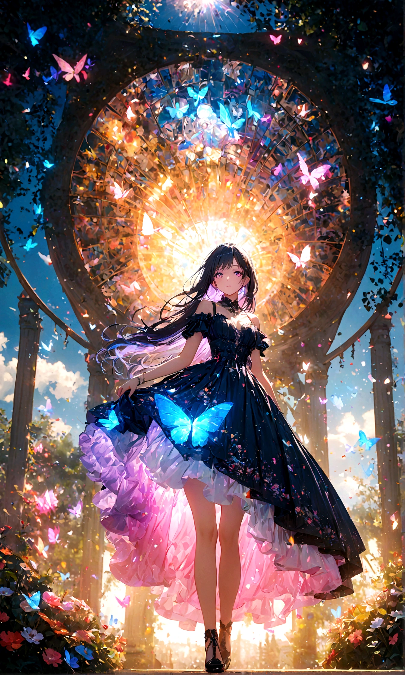 (woman\(student, , JK, Long hair, Colorful eyes, Pale skin，) look up to the sky), (Many butterflies flying in the air), Beautiful sky, Summer，Colorful flowers blooming everywhere, Mysterious and dreamy ,Huge tree，quality\(8K,CG Wallpaper, masterpiece,High resolution,top-quality,Surrealism,Improve resolution,RAW photos,Best quality,Very detailed,light,Ray Tracing,Golden Ratio)