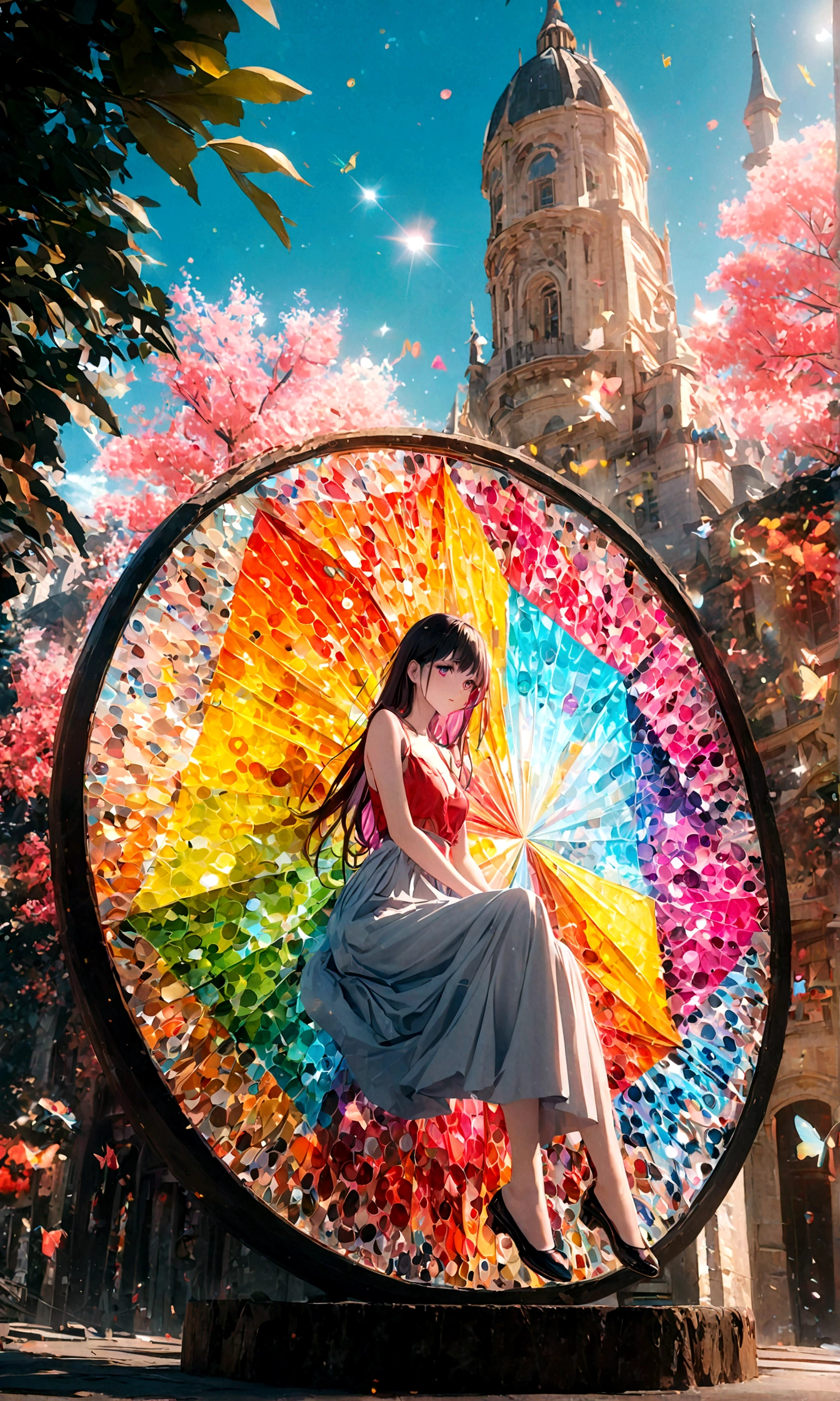 (woman\(student, 15 years old, JK, Long hair, Colorful eyes, Pale skin，) look up to the sky), (Many butterflies flying in the air), Beautiful sky, Summer，Colorful flowers blooming everywhere, Mysterious and dreamy ,Huge tree，quality\(8K,CG Wallpaper, masterpiece,High resolution,top-quality,Surrealism,Improve resolution,RAW photos,Best quality,Very detailed,light,Ray Tracing,Golden Ratio)