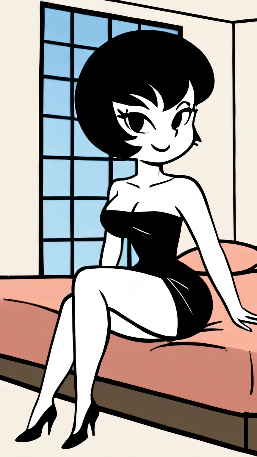 Jucika, digital media, black eyes, black hair, short hair, flat color, flat graphic style, white skin, zPDXL, best quality, amazing quality, score 9, 1girl, collarbone, strapless red tube dress, black chocker, seductive smile, looking at viewers, black high heels, lying in bed, cowboy shot