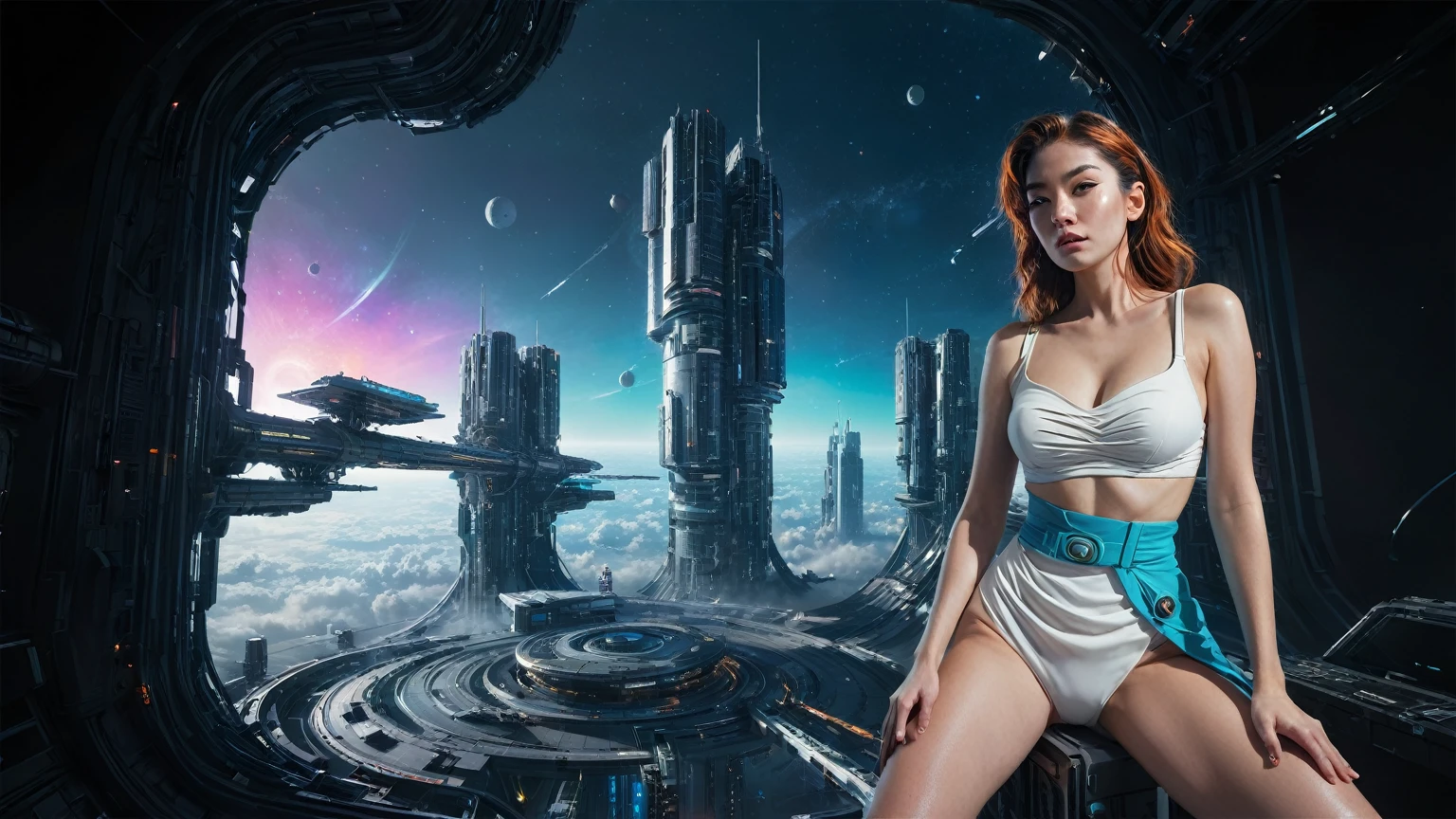 brightly colored abstract image of a space station with a spiral, epic beautiful space scifi, chaotic cinematic space rift, greg beeple, planets colliding, beeple and tim hildebrandt, beeple and jean giraud, end of the universe, galaxy space sci-fi, ringworld, by Mike "Beeple" Winkelmann. Matrix style, (((((Matrix cascading code))))), (((((a futuristic twin tower skyscraper with a unique twisted design))))), (((((OLED GUI interfaces in the building))))), at night, (((((1girl, solo))))), photo realistic, (((large-breast:1.2 slim body, cleavage))), (((off broken mini sling-shirt and black sling bra, extreamly short pleated miniskirt exposing panty))), (((((running pose))))), (((((matrix style black sunglasses))))), ((((((((((aiming with a short gun)))))))))), (((((looking at camera))))), (((very low view))), (((((half-body thigh level medium shot))))), (((cinematic lighting))).