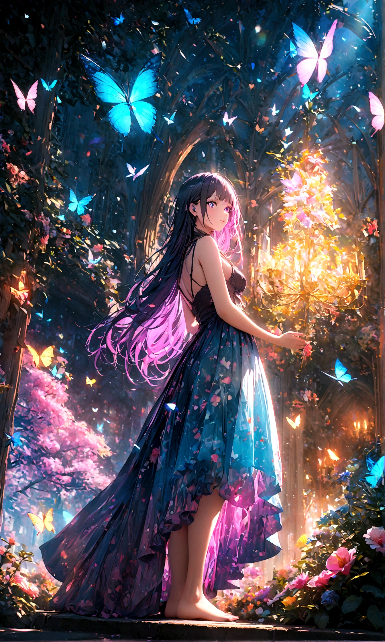 (woman\(student, 15 years old, JK, Long hair, Colorful eyes, Pale skin，) look up to the sky), (Many butterflies flying in the air), Beautiful sky, Summer，Colorful flowers blooming everywhere, Mysterious and dreamy ,Huge tree，quality\(8K,CG Wallpaper, masterpiece,High resolution,top-quality,Surrealism,Improve resolution,RAW photos,Best quality,Very detailed,light,Ray Tracing,Golden Ratio)