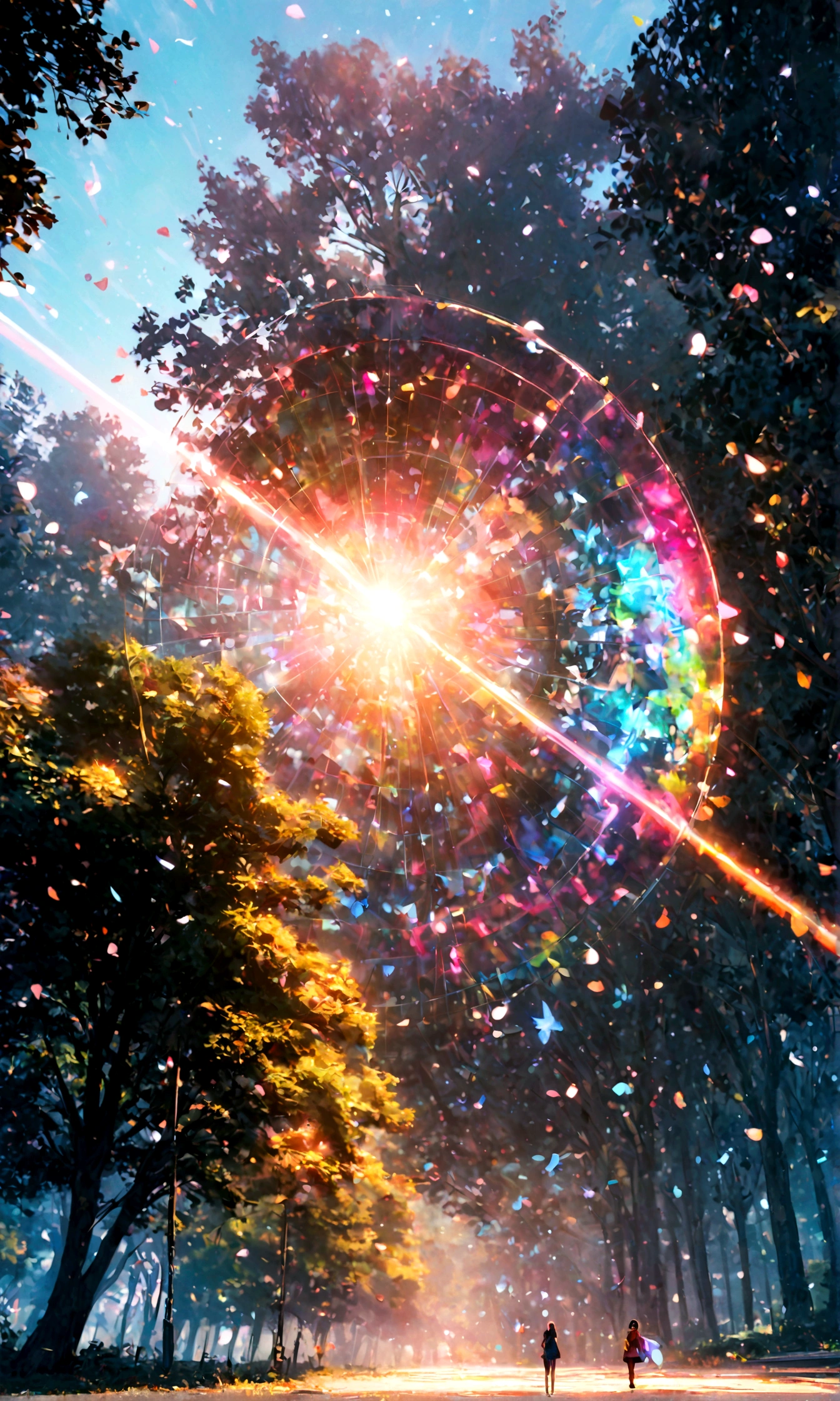 (woman\(student, 15 years old, JK, Long hair, Colorful eyes, Pale skin，) look up to the sky), (Many butterflies flying in the air), Beautiful sky, Summer，Colorful flowers blooming everywhere, Mysterious and dreamy ,Huge tree，quality\(8K,CG Wallpaper, masterpiece,High resolution,top-quality,Surrealism,Improve resolution,RAW photos,Best quality,Very detailed,light,Ray Tracing,Golden Ratio)