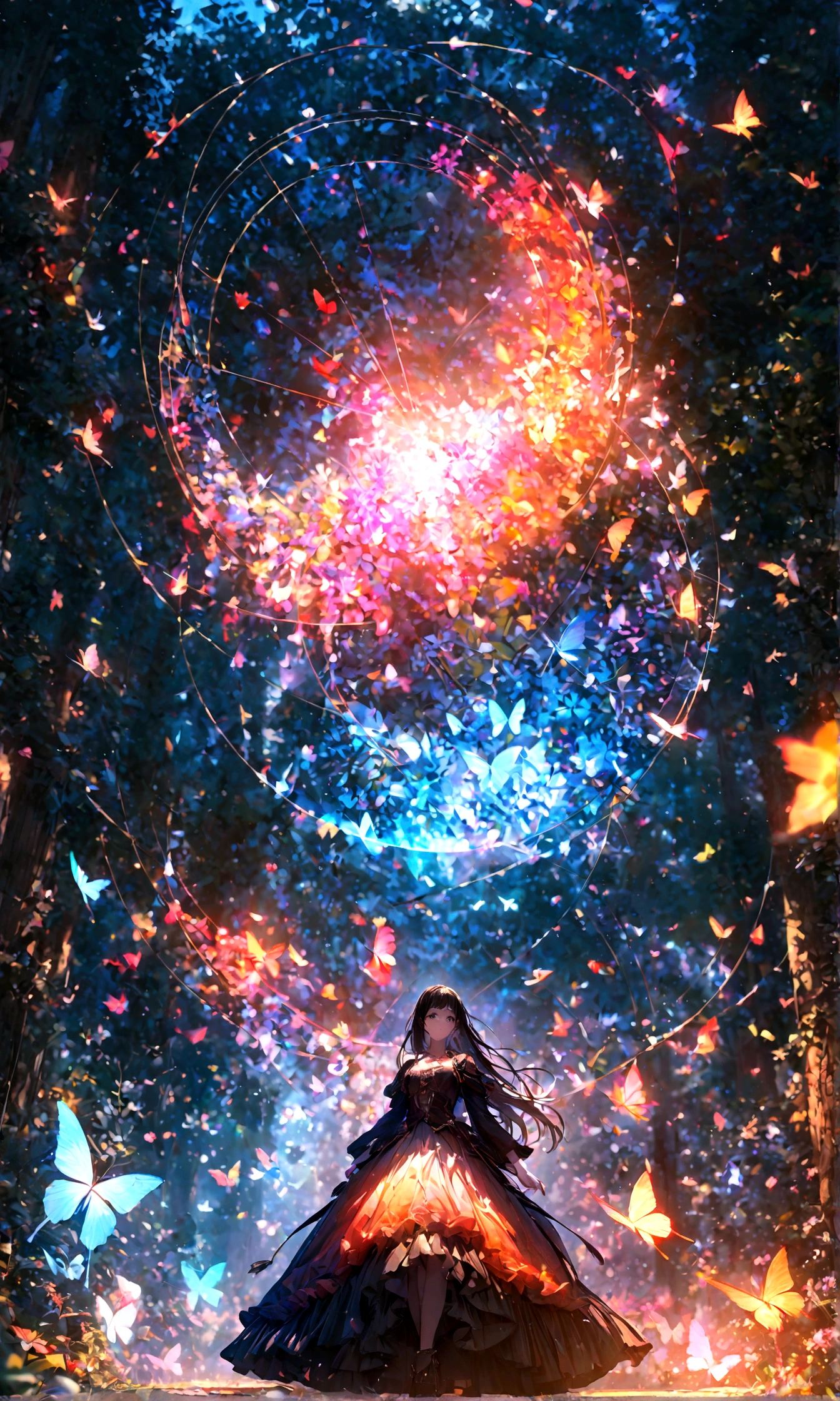 (woman\(student, 15 years old, JK, Long hair, Colorful eyes, Pale skin,) look up to the sky), (Many butterflies flying in the air), Beautiful sky, Summer,Colorful flowers blooming everywhere, Mysterious and dreamy ,Huge tree,quality\(8K,CG Wallpaper, masterpiece,High resolution,top-quality,Surrealism,Improve resolution,RAW photos,Best quality,Very detailed,light,Ray Tracing,Golden Ratio)