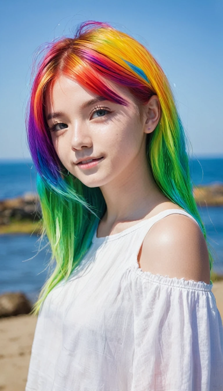 The brightness of a sunny summer day々Under the clear sky、A stunning portrait of a 17-year-old girl with rainbow-colored hair that&#39;s a mix of blue and pink.、The breathtaking views unfold。Half blue and half pink々in、A girl with colorful, flowing hair、魅惑的な笑顔in立っています。Long curls cascading down in golden waves、Frames vibrant sky blue eyes。Red and black repair dress 1.Wearing a voluminous 2-meter skirt、優雅さin観客を魅了します。ドレスはあちこちin破れており、It is becoming clear