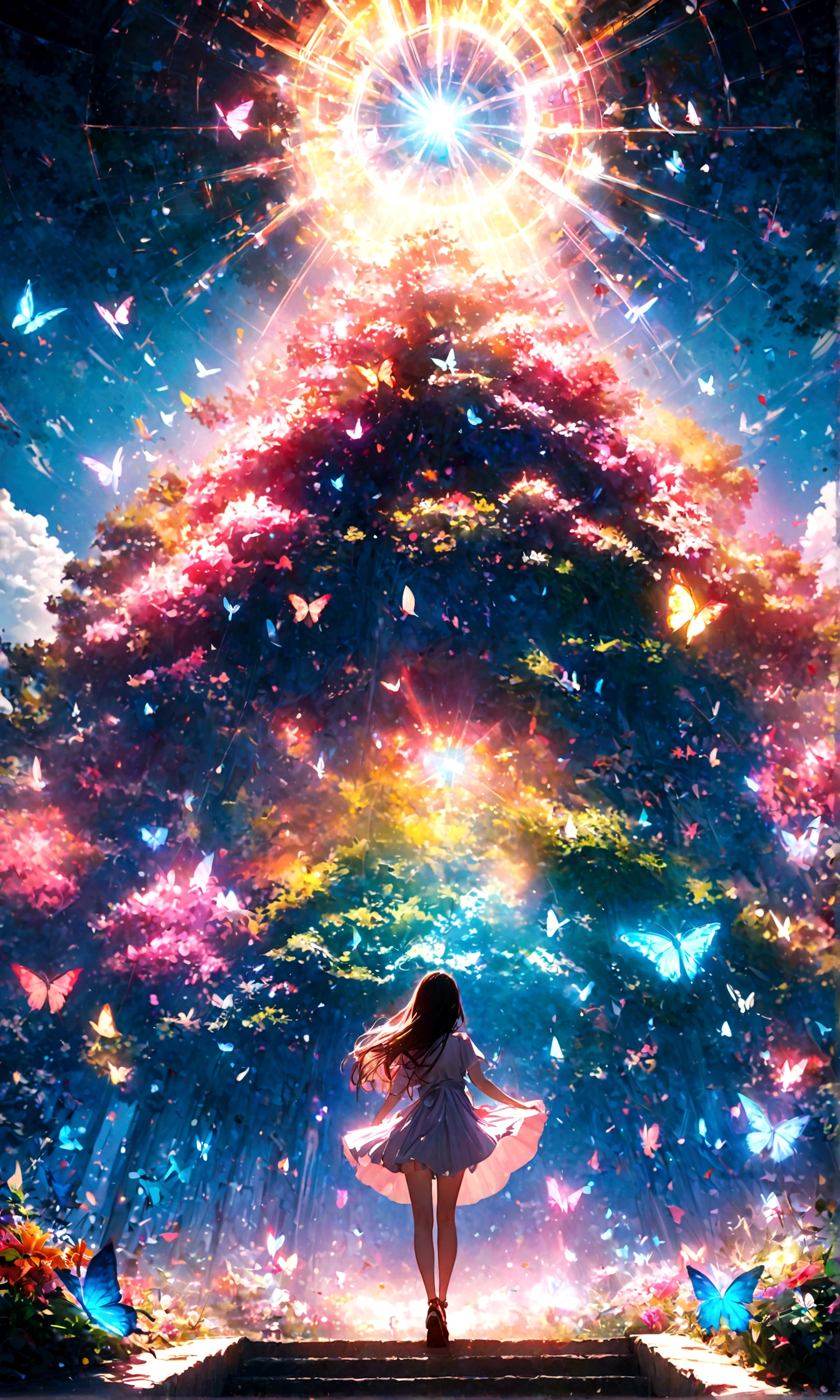 (woman\(student, , JK, Long hair, Colorful eyes, Pale skin,) look up to the sky), (Many butterflies flying in the air), Beautiful sky, Summer,Colorful flowers blooming everywhere, Mysterious and dreamy ,Huge tree,quality\(8K,CG Wallpaper, masterpiece,High resolution,top-quality,Surrealism,Improve resolution,RAW photos,Best quality,Very detailed,light,Ray Tracing,Golden Ratio)