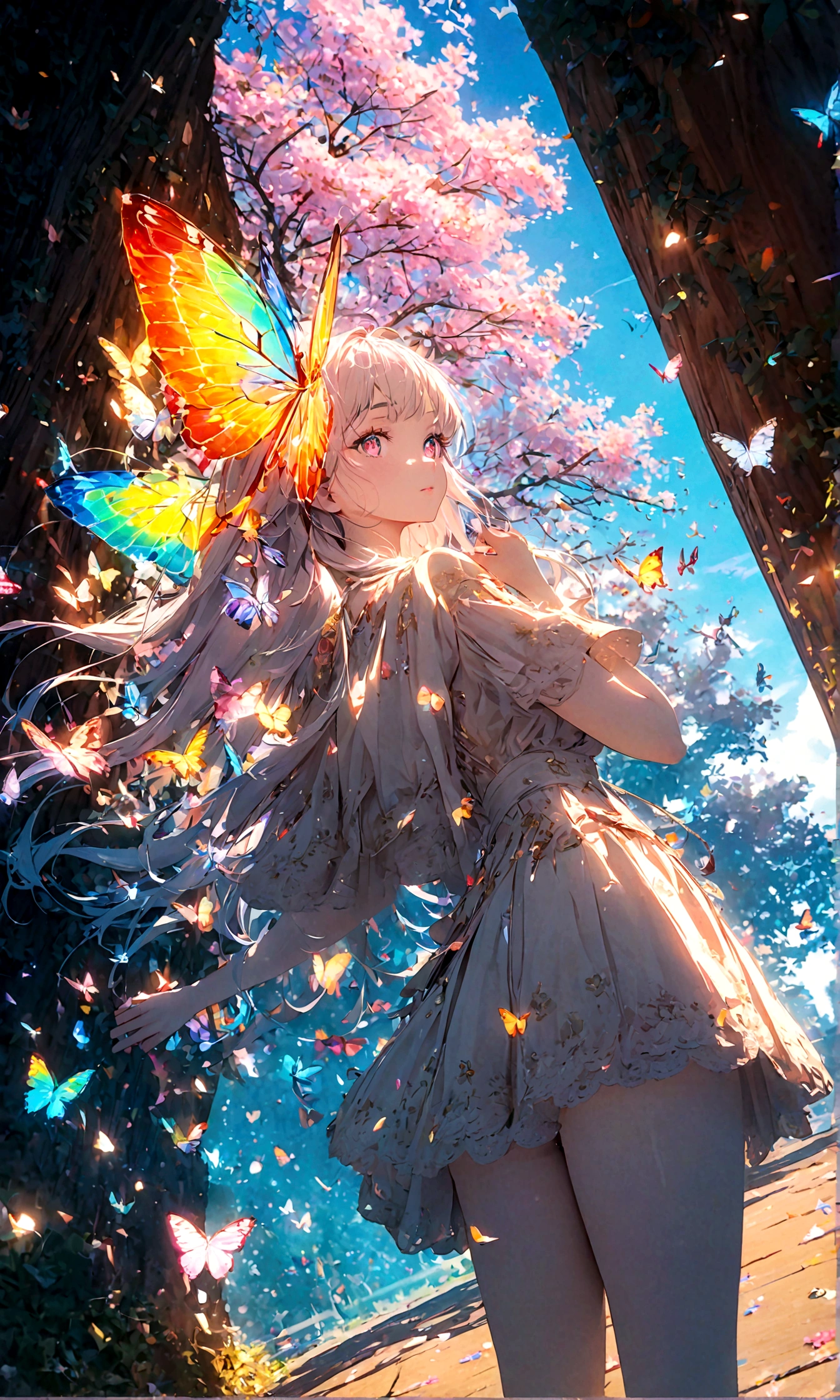 (woman\(student, , JK, Long hair, Colorful eyes, Pale skin,) look up to the sky), (Many butterflies flying in the air), Beautiful sky, Summer,Colorful flowers blooming everywhere, Mysterious and dreamy ,Huge tree,quality\(8K,CG Wallpaper, masterpiece,High resolution,top-quality,Surrealism,Improve resolution,RAW photos,Best quality,Very detailed,light,Ray Tracing,Golden Ratio)