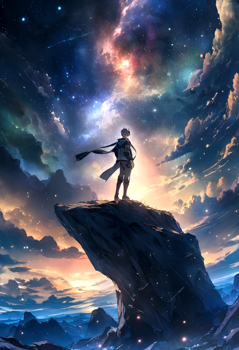 Anime boy standing on a rock and looking at the stars, Makoto Shinkai Cyril Rolando, anime art wallpaper 4k, anime art wallpaper 4k, Anime Art Wallpapers 8K, Space Sky. by makoto shinkai, Inspired by Cyril Rolland, And Mumford'Artwork Style, Awesome Wallpapers, by Yuumei, Gray Hair