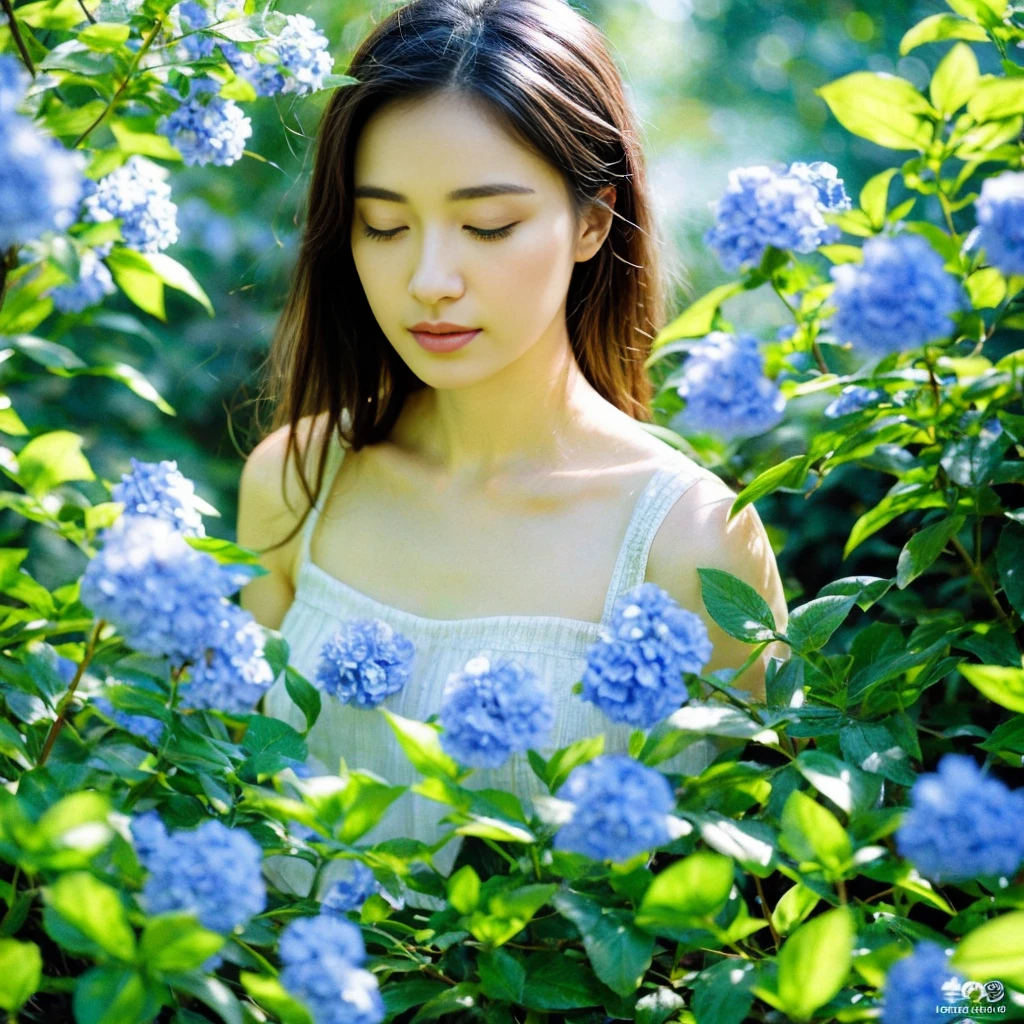 A garden with a calm and relaxing atmosphere。CD jacket image、beautiful flower々or blue々The plant life is depicted.、There the mind is at peace、People who find healing々There are。The gardener woman represents kindness and gentleness.、There is warmth and understanding in her eyes.。The background features blue skies and clear water.、It emphasizes that the place is calm and peaceful.。。 High resolution, masterpiece, highest quality, Intricate details, Very detailed, Clear focus, Delicate skin, practical skin texture, texture, Delicate eyes, Professional, 4K, Shot with Canon, 85mm, Shallow and deep, Kodak Vision Color, Exactly, Very detailed, photograph_\(Extremist\), photographpractical, practical, Post-processing, Maximum details, Roughness, Real Life, Extremist practical, Photorealism, photographgraphy, 8K Ultra HD, photographgraphy