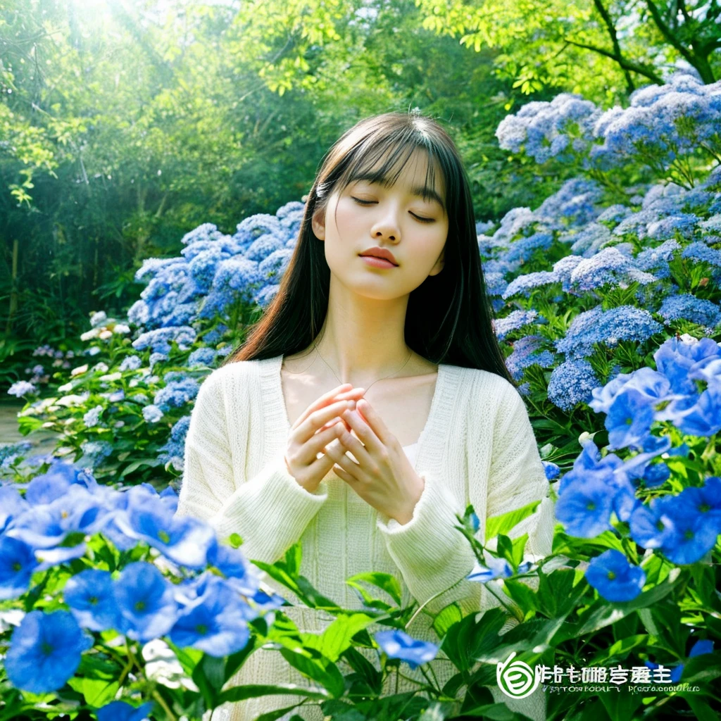 A garden with a calm and relaxing atmosphere。CD jacket image、beautiful flower々or blue々The plant life is depicted.、There the mind is at peace、People who find healing々There are。The gardener woman represents kindness and gentleness.、There is warmth and understanding in her eyes.。The background features blue skies and clear water.、It emphasizes that the place is calm and peaceful.。。 High resolution, masterpiece, highest quality, Intricate details, Very detailed, Clear focus, Delicate skin, practical skin texture, texture, Delicate eyes, Professional, 4K, Shot with Canon, 85mm, Shallow and deep, Kodak Vision Color, Exactly, Very detailed, photograph_\(Extremist\), photographpractical, practical, Post-processing, Maximum details, Roughness, Real Life, Extremist practical, Photorealism, photographgraphy, 8K Ultra HD, photographgraphy