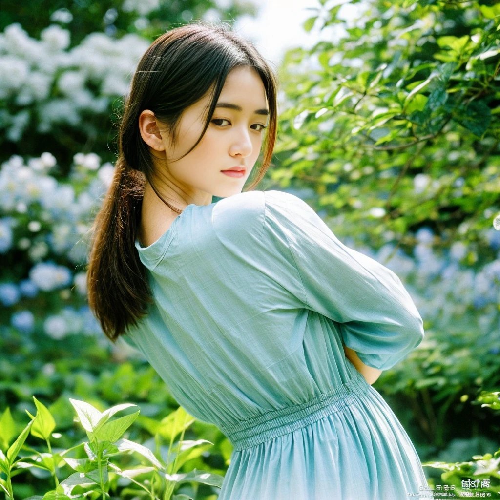 A garden with a calm and relaxing atmosphere。CD jacket image、beautiful flower々or blue々The plant life is depicted.、There the mind is at peace、People who find healing々There are。The gardener woman represents kindness and gentleness.、There is warmth and understanding in her eyes.。The background features blue skies and clear water.、It emphasizes that the place is calm and peaceful.。。 High resolution, masterpiece, highest quality, Intricate details, Very detailed, Clear focus, Delicate skin, practical skin texture, texture, Delicate eyes, Professional, 4K, Shot with Canon, 85mm, Shallow and deep, Kodak Vision Color, Exactly, Very detailed, photograph_\(Extremist\), photographpractical, practical, Post-processing, Maximum details, Roughness, Real Life, Extremist practical, Photorealism, photographgraphy, 8K Ultra HD, photographgraphy