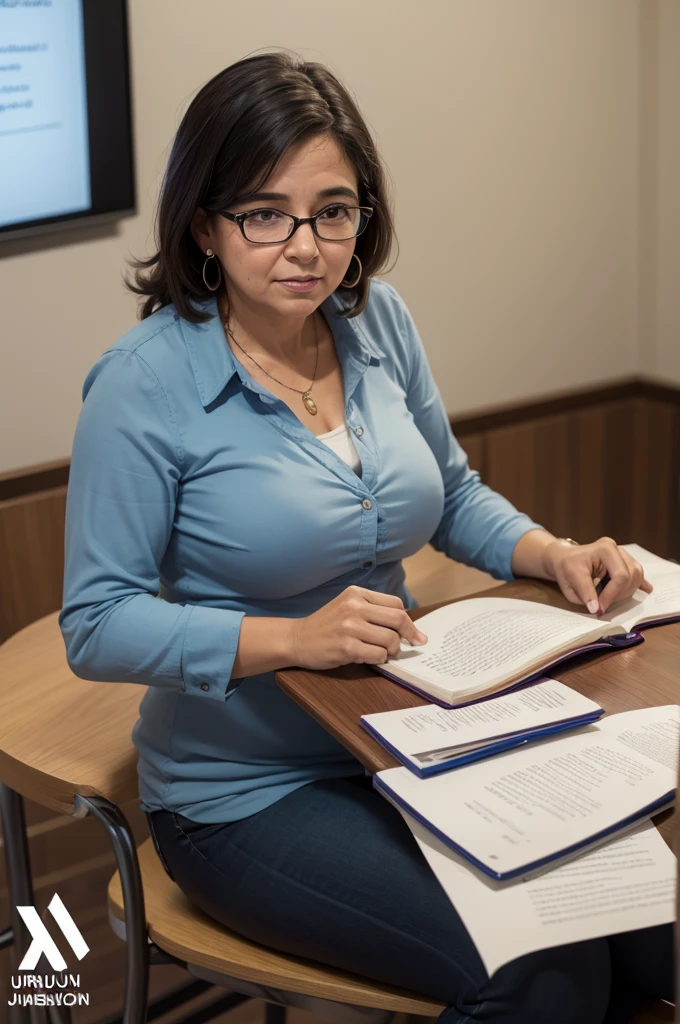 Uma professora jovem dando aula enquanto usa um biquini