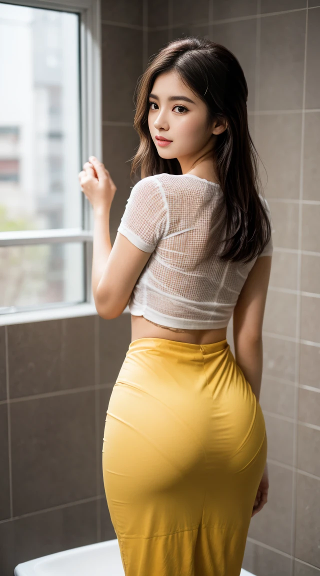 A girl in Myanmar,sexy girl,perfect body hape in the bath room. The girl has beautiful almond-shaped eyes, expressive lips, and a graceful demeanor. She wears acmm body fit outfit,dress is wet ,she pulling the top black short sleeve,can see red push up bra behind view, acmm long skirt, (yellow skirt),(wet skirt )The girl in the shower room, . The man standing look at her perfect sexy body,the girl is wet and sexy perfect body . The image is rendered in high resolution (best quality, 4k, 8k, highres, masterpiece:1.2),  the girl's dress are thin and wet.(so sexy). The lighting is soft, highlighting the girl's features and creating a warm atmosphere. The overall style is a combination of portraits and landscapes, showcasing the beauty of  the girl and her surroundings has man.attractive buttocks, view from behind.  ass emphasis and penty shape, exposed breasts, exposed ass, pantyline, high heels, detailed eyes, leggings. 4K high resolution