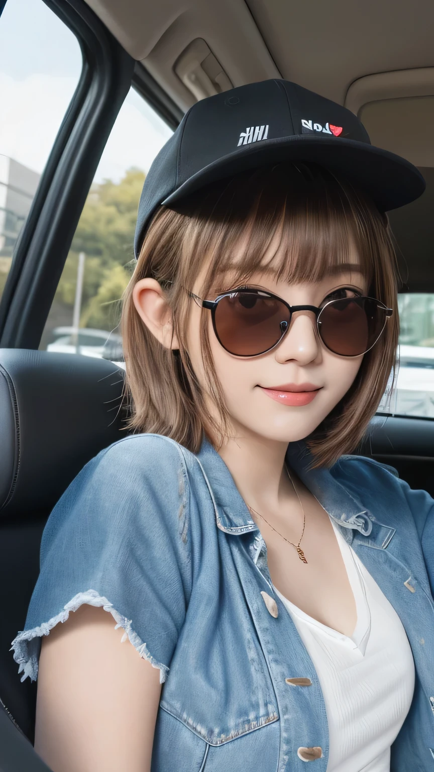 closeup shot , Best picture quality (8K, high resolution, Masterpiece: 1.2), super detailed, 215 Short Hair, 16-year-old woman,
situation: A scene of people enjoying a road trip while driving。
clothing: Casual travel style(T-Shirts、denim、sneakers)。Sunglasses and caps。
angle: With the interior of the car and the scenery in the background、Photograph your driving from the front and side。While projecting the scenery seen from the train window、Relaxing scenes at rest stops、Close up photo shoot outside the car。
Close-up of face
, random cute pose ,big eyes ,Puffy eyes , Heart Pupil, blush , huge shy smile , salute