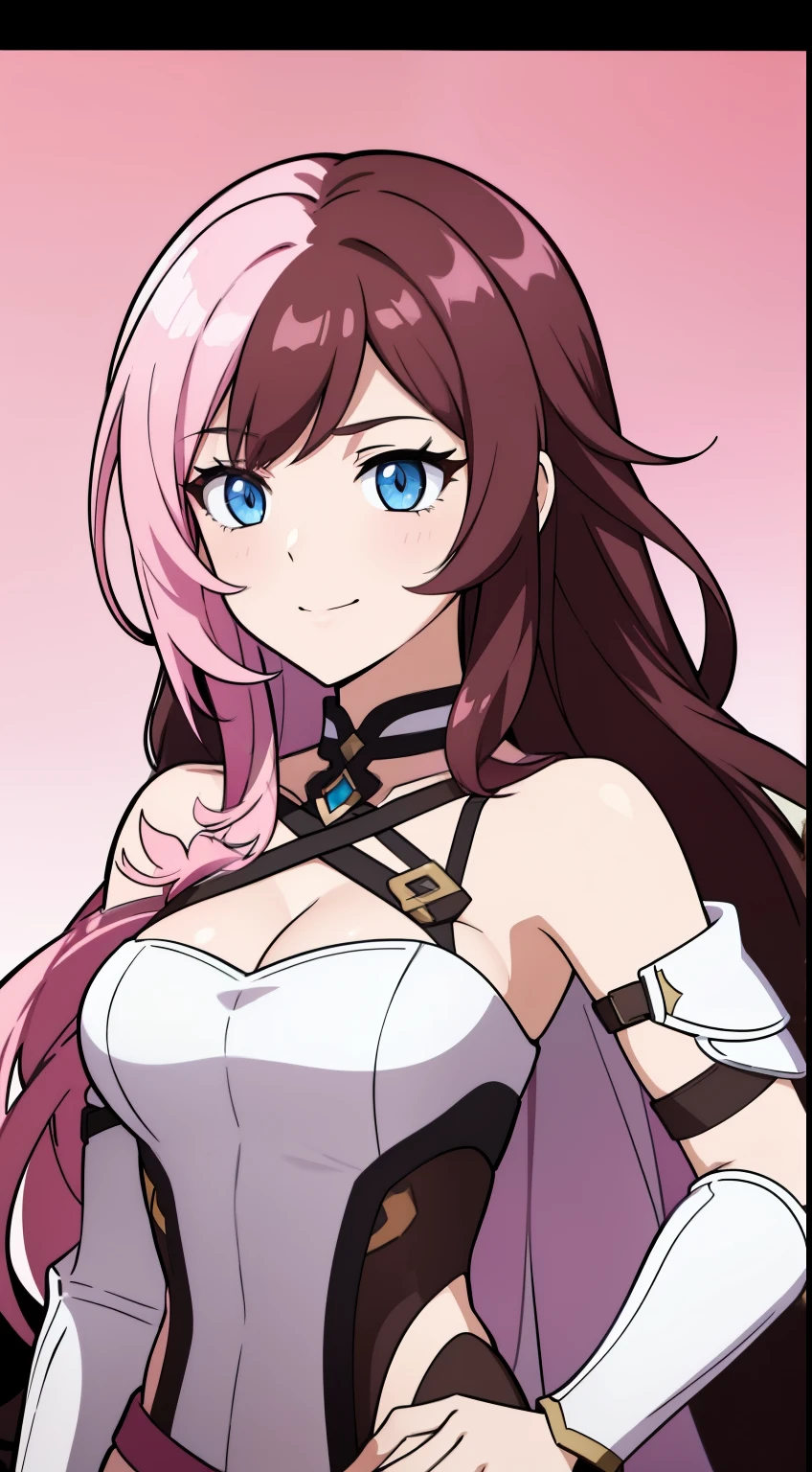 (high-quality, breathtaking),(expressive eyes, perfect face) Symmetrical Eyes, portrait, 1girl, pink and brown hair color, multicolored hair, yellow highlights, bright blue eyes, blue and white armor, black curly hair, wavy hair, bare shoulders, smiling, fantasy armor, Neopolitan RWBY, detached sleeves, long hair length, black shawl
