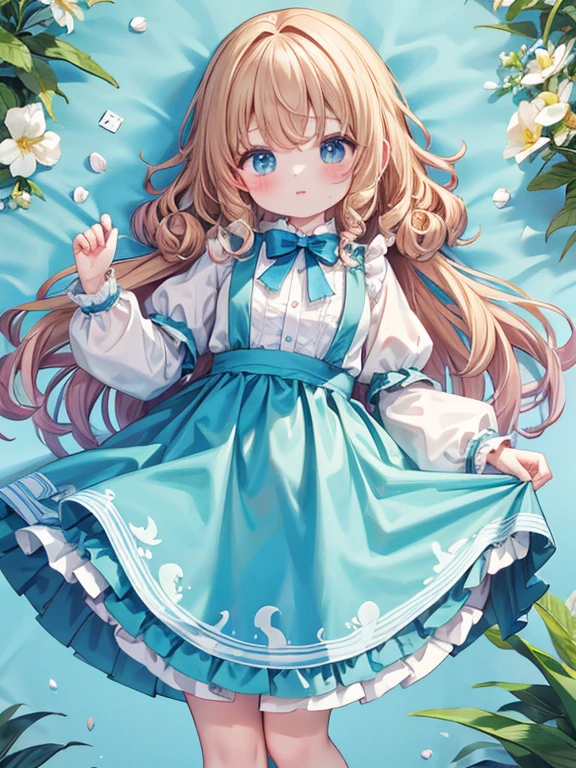 ((masterpiece)), ((best quality)), , ((blue-blonde and red eyes)), fair complexion, ((cherubic body)), round cheeks, ((babyish fres)), ((dress with flowers and bows)), ((socks with little polka dots or bows on them)), ((blonde curls falling gently on forehead and shoulders)), soft gaze, ((playful expression)), ((dimple on one cheek)), ((pure innocence radiating from the image)), top-resolution, top-quality, exquisitely detailed, colorful, it's a beautiful representation of childhood.