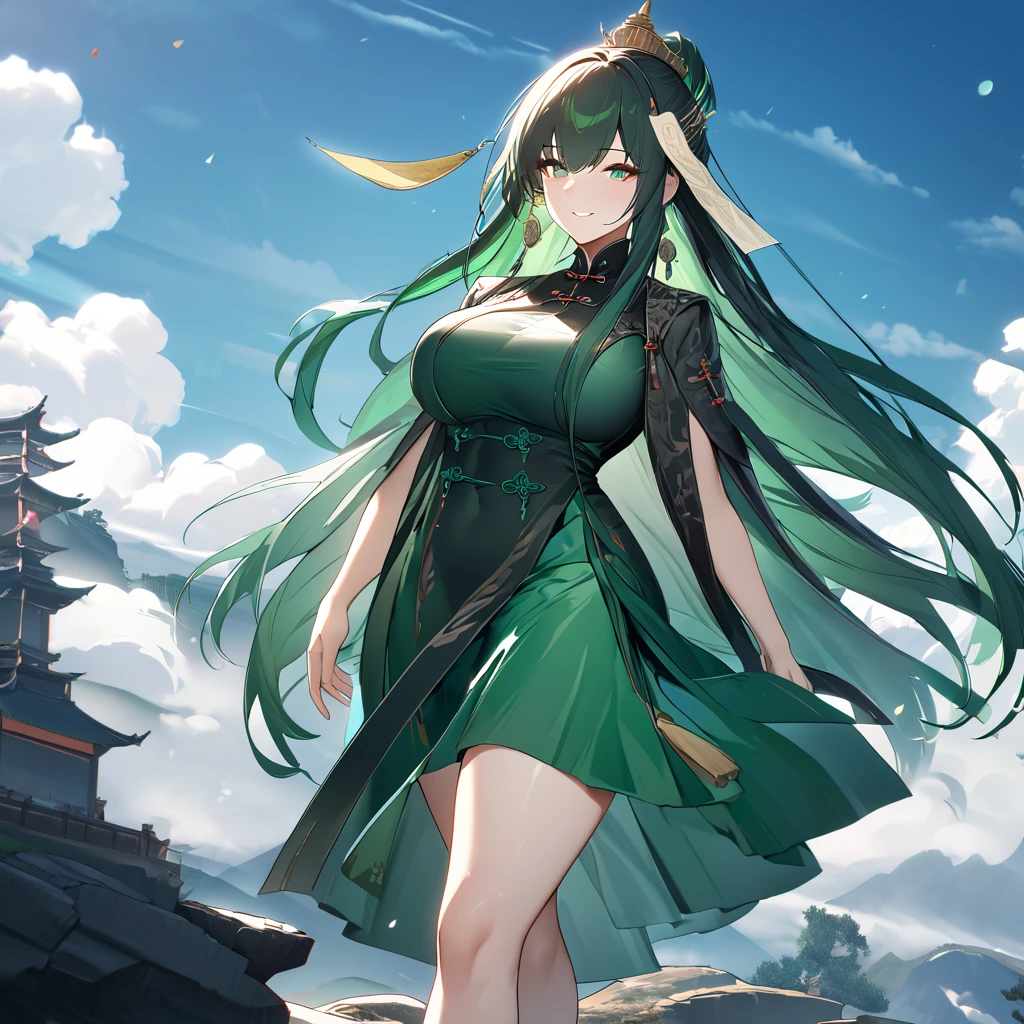 A woman wearing a green dress with classical Chinese aesthetics, dark green hair, long hair, a talisman on her head, green eyes, big breasts, smiling, walking on a hill in Chinese aesthetics, blue sky with clouds,UHD , work- prime, precise, anatomically correct, textured skin, super details, high quality, best quality, 8k, high resolution, bokeh effect. (woman alone)
