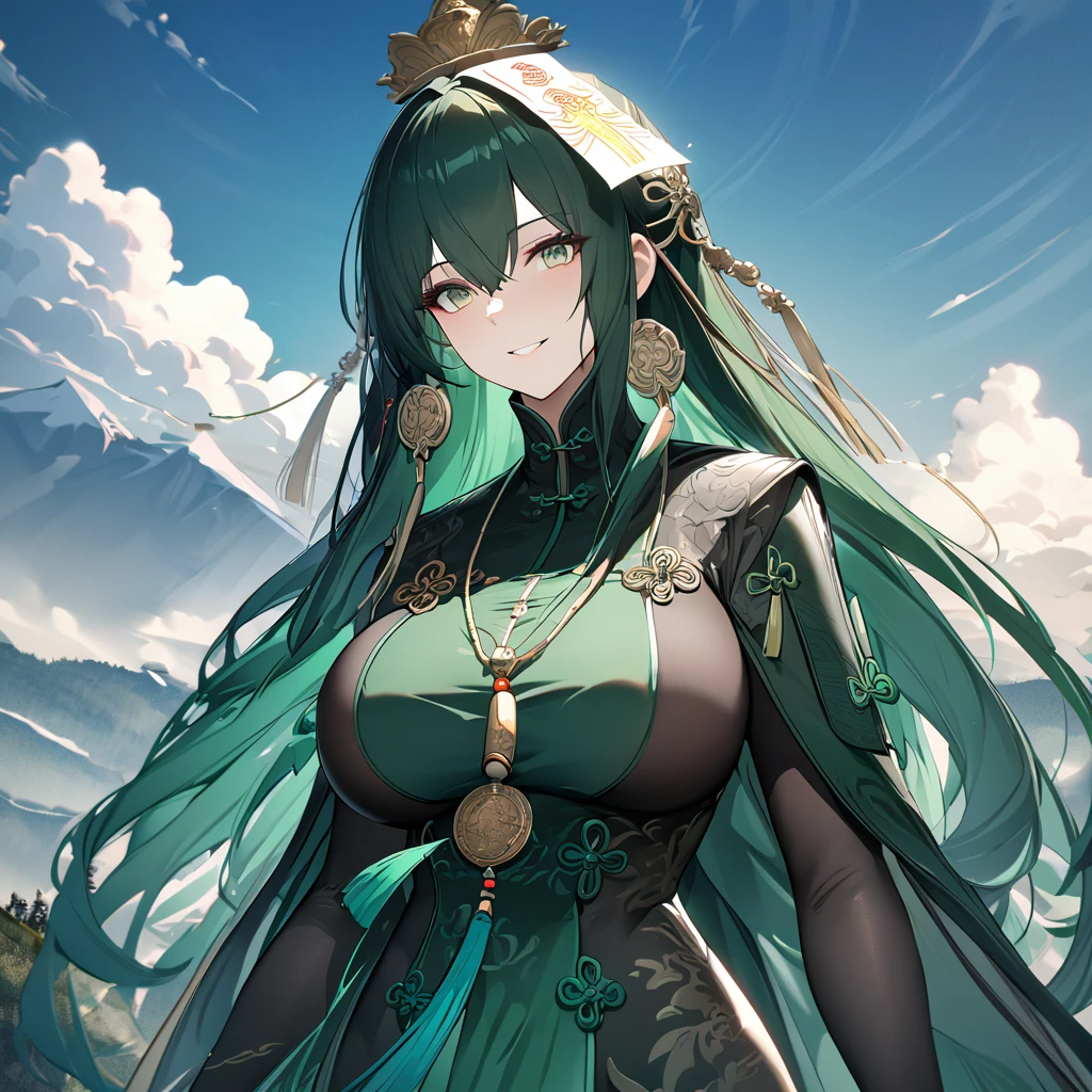 A woman wearing a green dress with classical Chinese aesthetics, dark green hair, long hair, a talisman on her head, green eyes, big breasts, smiling, walking on a hill in Chinese aesthetics, blue sky with clouds,UHD , work- prime, precise, anatomically correct, textured skin, super details, high quality, best quality, 8k, high resolution, bokeh effect. (woman alone)

