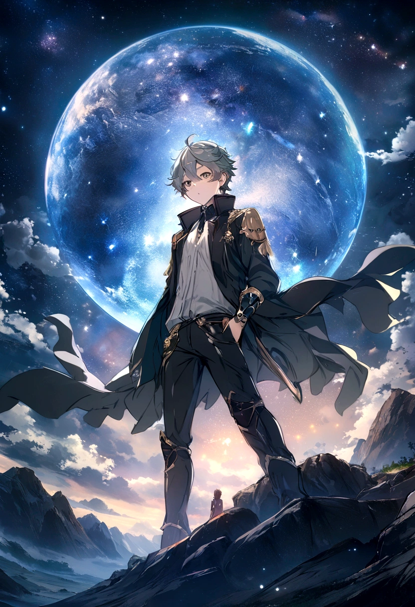 Anime boy standing on a rock and looking at the stars, Makoto Shinkai Cyril Rolando, anime art wallpaper 4k, anime art wallpaper 4k, Anime Art Wallpapers 8K, Space Sky. by makoto shinkai, Inspired by Cyril Rolland, And Mumford&#39;Artwork Style, Awesome Wallpapers, by Yuumei, Gray Hair