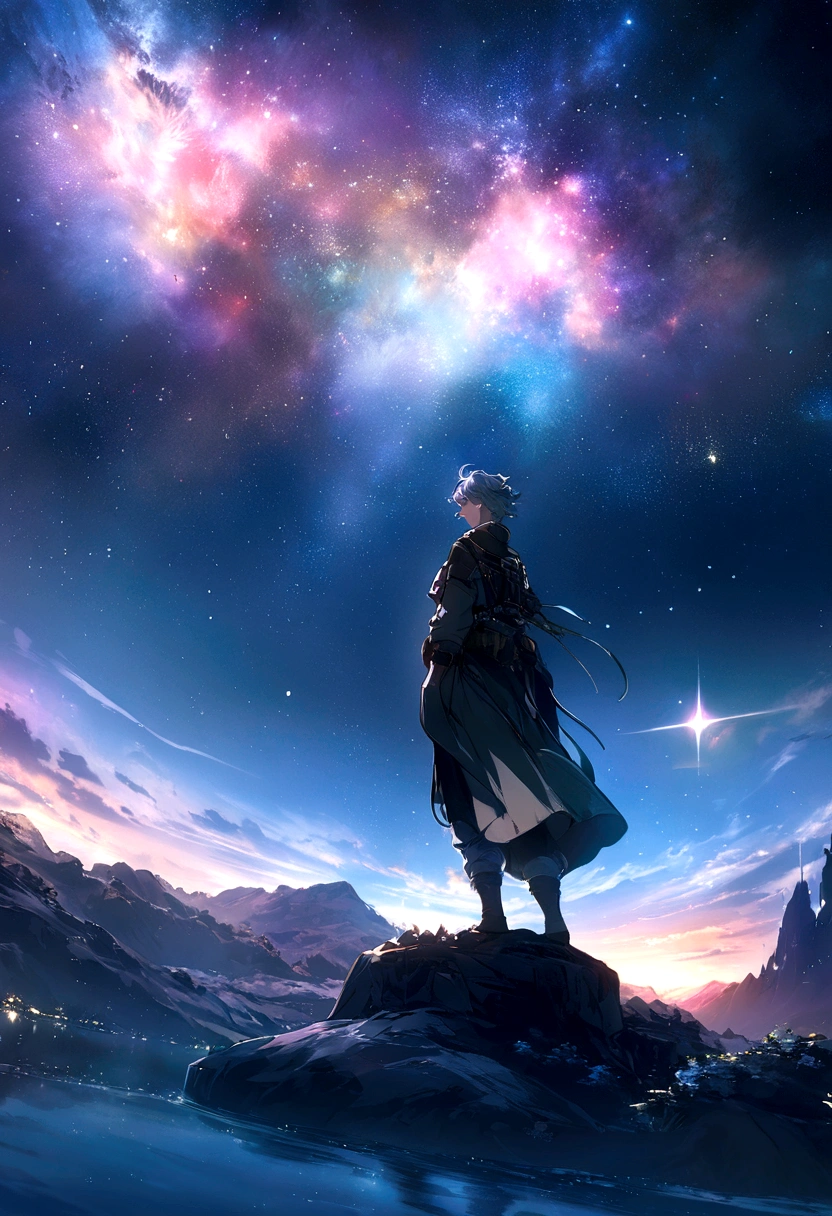 Anime boy standing on a rock and looking at the stars, Makoto Shinkai Cyril Rolando, anime art wallpaper 4k, anime art wallpaper 4k, Anime Art Wallpapers 8K, Space Sky. by makoto shinkai, Inspired by Cyril Rolland, And Mumford&#39;Artwork Style, Awesome Wallpapers, by Yuumei, Gray Hair