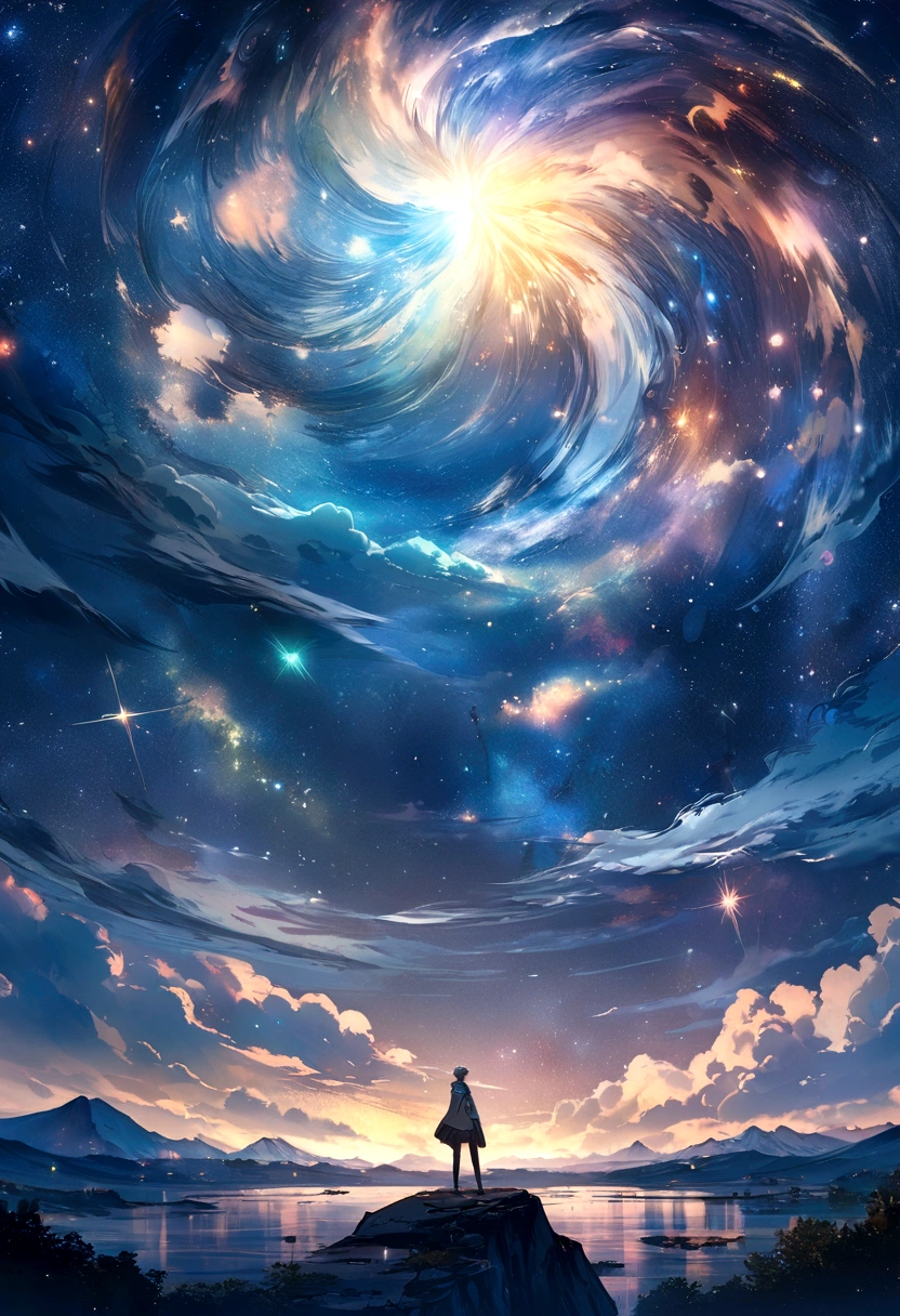 Anime boy standing on a rock and looking at the stars, Makoto Shinkai Cyril Rolando, anime art wallpaper 4k, anime art wallpaper 4k, Anime Art Wallpapers 8K, Space Sky. by makoto shinkai, Inspired by Cyril Rolland, And Mumford'Artwork Style, Awesome Wallpapers, by Yuumei, Gray Hair