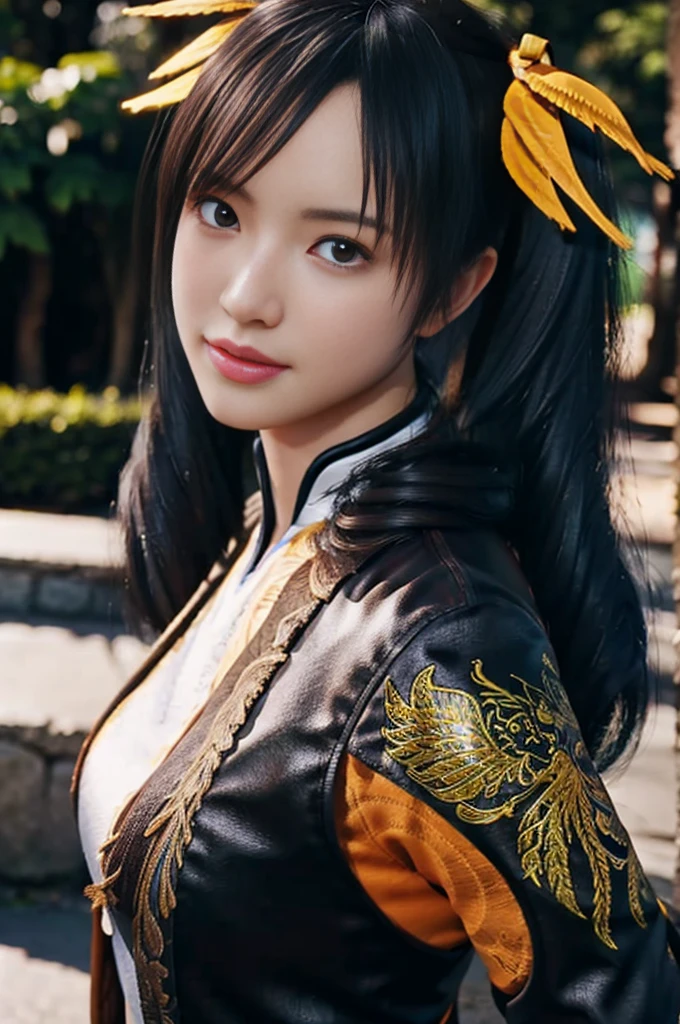 Tekken Xiaoyu,masterpiece、1 beautiful girl、-yeld hischool sts、puffy eyes、Bright outdoor,highest quality, 超High resolution, (reality: 1.4), movie lighting、Japanese、asian beauty、Korean、super beautiful、beautiful skin、body facing forward、whole body,Upper body、(Ultra-realistic)、(High resolution)、(8K)、(very detailed)、(Beautiful and fine eyes)、(Super detailed)、 (wall-)、detailed face、bright lighting、professional lighting、looking at the viewer、look straight ahead、slanted bangs、brown hair、Nogizaka idol、