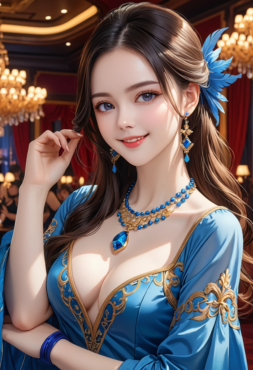 Renoa, blue duster, Blue wristband, Half Body, Smile, Holding the necklace, An unrivalled masterpiece, Ultra-realistic 8k CG, perfect work of art, attitude, Sexy pose, Tempting, Clean, Pretty Face, Pure face, Pale skin, Intricate details, prestige, Gorgeous, Luxury, Fancy Dance Hall