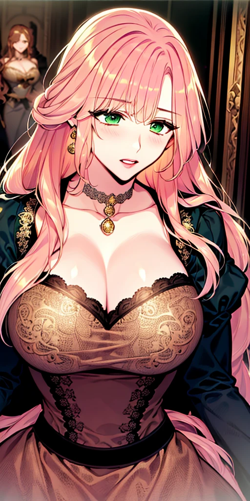 realistic elegant beautiful woman with long curly locks of hair, huge breasts, aristocratic noble dress, ornate intricate detailed lace and embroidery, dramatic chiaroscuro lighting, dark moody atmosphere, museum quality, award-winning portrait, 8k, high resolution, photorealistic, masterpiece