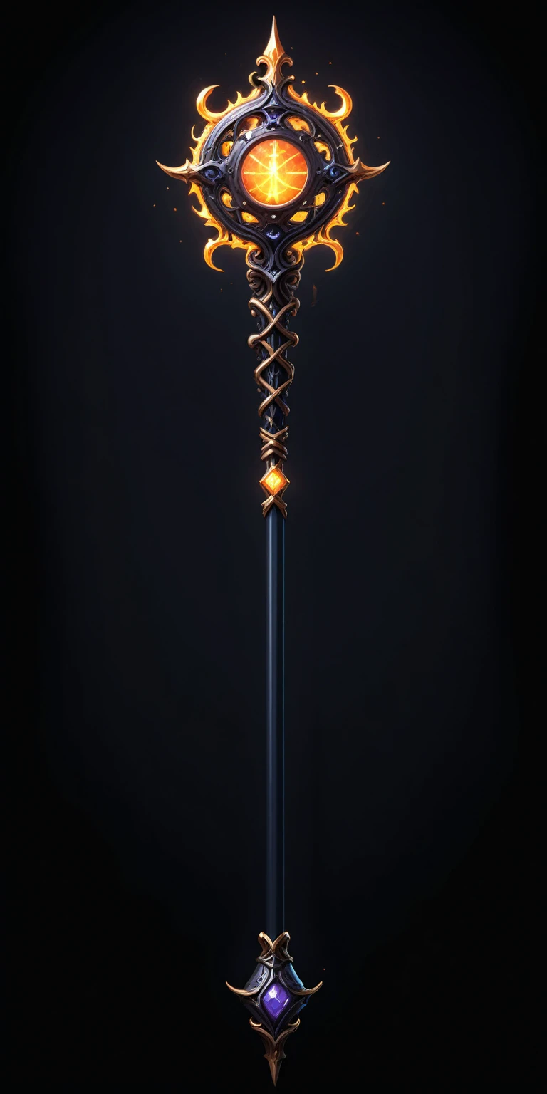 pixel art, cartoon illustration, Divine glavie greatstaff, Powerfull Magical theme, simple black background, RPG game icon