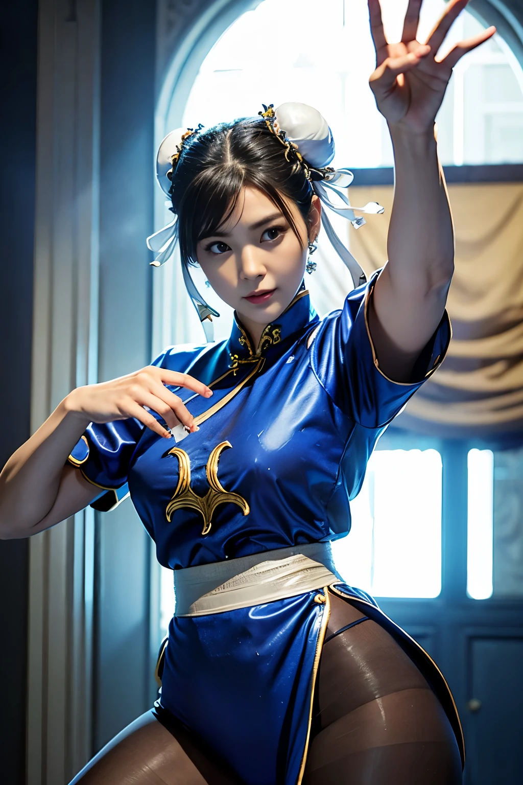 Chun-Li from Street Fight II,perfect chun li costume,blue cheongsam with gold lines,Bun head,Good cover,fighting pose,ハイkick,kick、raise your legs,masterpiece、1 beautiful girl、fine eyes、puffy eyes、highest quality, 超High resolution, (reality: 1.4), movie lighting、super beautiful、beautiful skin、body turns forward、(超reality的な)、(High resolution)、(8K)、(very detailed)、(美しくfine eyes)、(Super detailed)、 (wall-)、detailed face、bright lighting、professional lighting、looking at the viewer、Look straight ahead、slanted bangasterpiece, highest quality, masterpiece, highest quality, perfect face, perfect brown eyes with white sclera, Bad move - 5, alone, 1 girl, Upper body, brown hair, From SF2, Chinese service, smile, muscular woman, blue clothes, pantyhose, pelvic curtain, Plump short sleeves, Good cover, sash, evaluation:safety