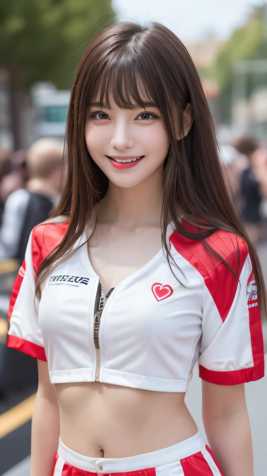 closeup shot , Best picture quality (8K, high resolution, Masterpiece: 1.2), super detailed, 215 Short Hair, -yeld wo,
(8K, Raw photo, Best Quality, masutepiece:1.2), (Realistic, Photorealsitic:1.37), 超A high resolution, 1girl in, 18 years old, (Idol:1.4), (famous actress :1.4), (beautifull detailed face:1), Bangs, (Multicolor floating hair), Skin Dentation, Light makeup,, (gleaming skin:1.1), Shiny skin, long limbs, slim, Narrow waist, medium hips, thin legs, slim thigh, Dynamic lighting, Sexually suggestive faces, Glossy texture, lip stick, V-shaped eyebrows, v-line jaw, Looking at Viewer, (Long hair:1.3), (Perfect face:1.4), ((heavy wind)), Flowing hair, audience, (Smile:1.3), blue-sky, (((Monte Carlo Street Circuit))), (((racing car))), (((Racing Bikes))), ((Promotion Girl:1.3)), ((Grid Girl:1)), Pink lip, Light makeup, (Detailed promotional costumes are intricately worn:1.10), lace-up boots, Short sleeves, cropped tops, ((Short jacket:1)), (Tube Top Bra:1), knee high, (((Nylon short sleeve jacket with many logos))), (Knee Length Glitter Nylon Pleated Skirt), ((Asymmetrical medium size nylon pleated skirt)), small ass, ((Promotional wear with logo)), (((Red and White Glitter Promotional Wear))), Fingerless gloves, Navel View Style, A dark-haired, Brown hair, Red hair, Blue eyes, (sweat drop:1), (Dynamic Angle), Walking, bending forward, audience,
Close-up of face
, random cute pose ,big eyes ,Puffy eyes , Heart Pupil, blush , huge shy smile , salute