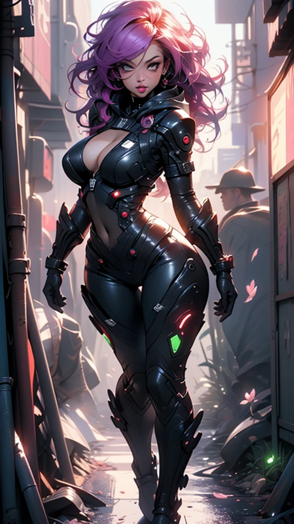 PERFECT MASTERPIECE, EXTREMELY DETAILED CG UNITY 32K UHD QUALITY RESOLUTION WALLPAPER, PHOTOREALISTIC, RAW PHOTO, PERFECT PHOTOGENIC CLARITY, OFFICIAL ART, AWARD-WINNING PORTRAIT, ULTRA HYPER-REALISTIC, ULTRA HYPER-DETAILED, SHINY REALISTIC SKIN, RAY TRACING, UNREAL ENGINE 5.8K, GLOWING AMBIENT LIGHT, The most beautiful and sexy cyberpunk girl, very long purple hair, vibrant moonlight eyes, long detailed eyelashes, blushing, full pouting pink lips, curvy body type, full hips, super huge enormously gigantic tits, cleavage showing, gigantic tits bursting out, wearing a futuristic hooded Harajuku-inspired cyberpunk mecha battle armor, (arching her back in a sexy seductive slutty pose:1.3), looking at the viewer, full body portrait, cowboy shot depth of field, sexy seductive slutty facial expression, cherry blossoms blowing in the wind, futuristic cosmic aesthetic atmospheric cyberpunk background