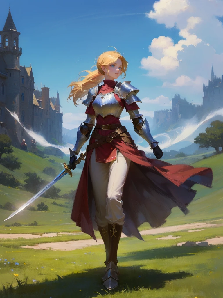masterpiece, best quality, rpg character art, epic fantasy art style, 1 woman, Emily, 18 year old woman, serious and mature demeanor, focused in battle, rushing to a battle, using her wind based powers, super powers, wrapped in wind, full body fantasy concept art, blond hair in a ponytail comes down to her mid-back, crystal blue eyes, high detail, fantasy medieval style clothes (very light armor, sword at her waist), attire is modest but feminine, intricate details, ultra high resolution, sharp focus, HD, 8k, clear facial features, clear details, background is a medieval fantasy village, moving towards viewer