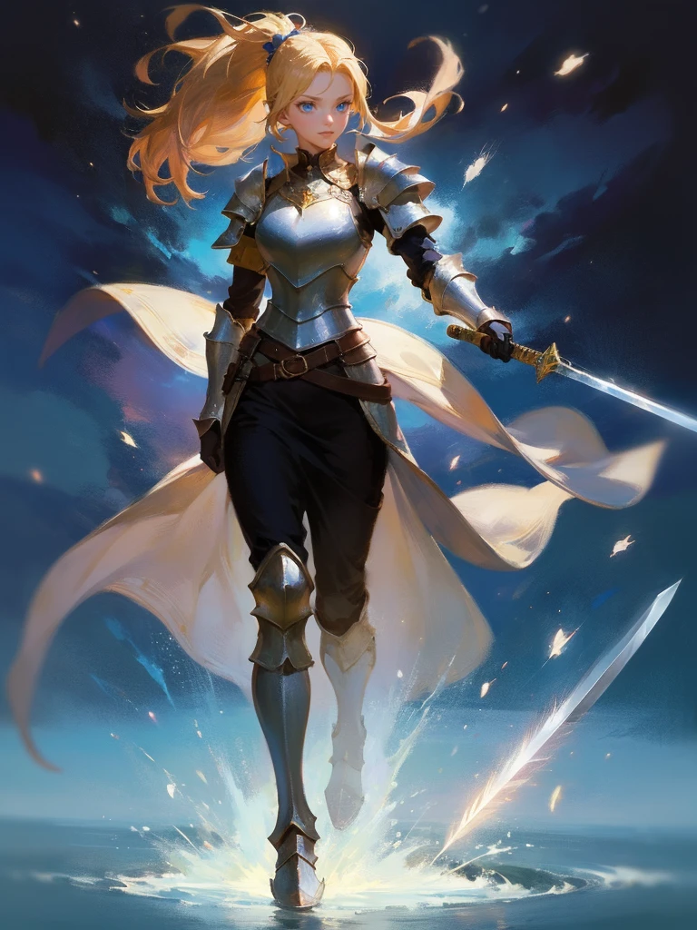 masterpiece, best quality, rpg character art, epic fantasy art style, 1 woman, Emily, 18 year old woman, serious and mature demeanor, focused in battle, rushing to a battle, using her wind based powers, super powers, wrapped in wind, full body fantasy concept art, blond hair in a ponytail comes down to her mid-back, crystal blue eyes, high detail, fantasy medieval style clothes (very light armor, sword at her waist), attire is modest but feminine, intricate details, ultra high resolution, sharp focus, HD, 8k, clear facial features, clear details, background is a medieval fantasy village, moving towards viewer