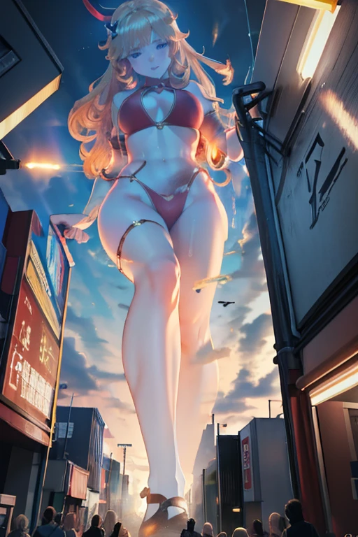 Giant Girl 50,000 feet high,Have a pair of long legs,Have a pair of huge breasts,Wearing a red bikini,Waist length blonde hair,Loose hair,Wear a pair of Mary Janes,Blonde curly hair,full of enjoyment,Standing firm in a crowded city, vandalism,It seems to be an invincible existence,Beautiful appearance,Exquisite makeup,quality,8K,高quality,(Governor:1.5),Perfect proportion, theater lighting,Film Grain,Fuji Colors,8K,Textured Skin,Super Detail,High Detail,high quality,high resolution,thunderbolt,Fake laugh,Morning, Full body image