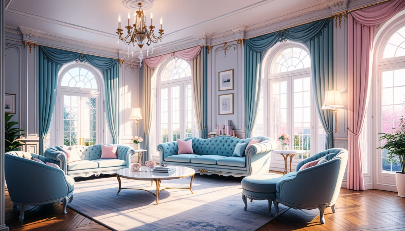 interior, living room in a luxury Victorian architectural style, clean modern design featuring pastel color scheme, beautiful light. Ultra realistic photo, vibrant colors, 8k