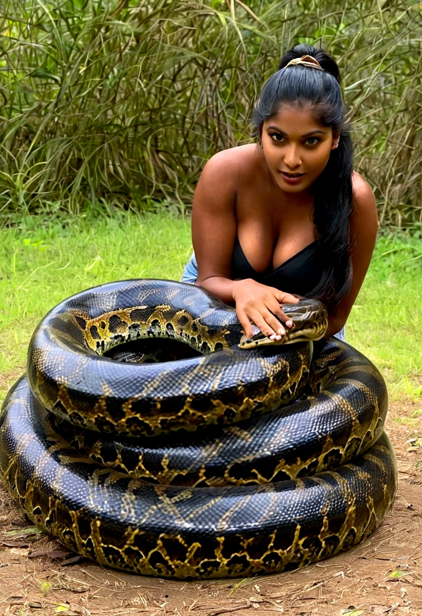 Happy Horny, aroused 1girl), beautiful kneeling indian thick young girl with giant colossal black titanboa squeezing her hard, wrapped in thick spiraling coils, constricted, struggle, gasping for air, snake attack, snake peril, moonless night, dim light