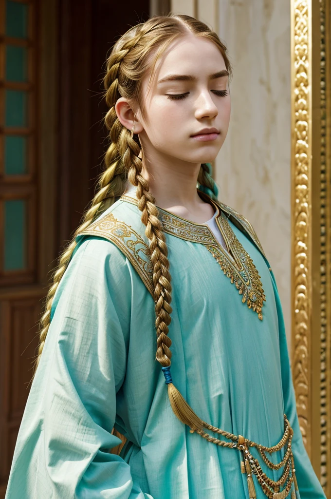 Boy with closed eyes + red eyeliner + pale skin + long mint colored hair + 2 medium braids on the front of the head + 1 high long braid on the back + loose hair on the back + emperor aquamarine clothes with golden edges + golden peacock patterns on the clothes