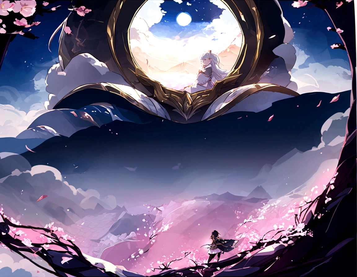 
 Majestic、Ancient、Powerful、wise、sky、merciful，Fantasy，Mysterious，wavy，Cherry Blossoms at Night。Looking slightly downwards at the camera。
 
