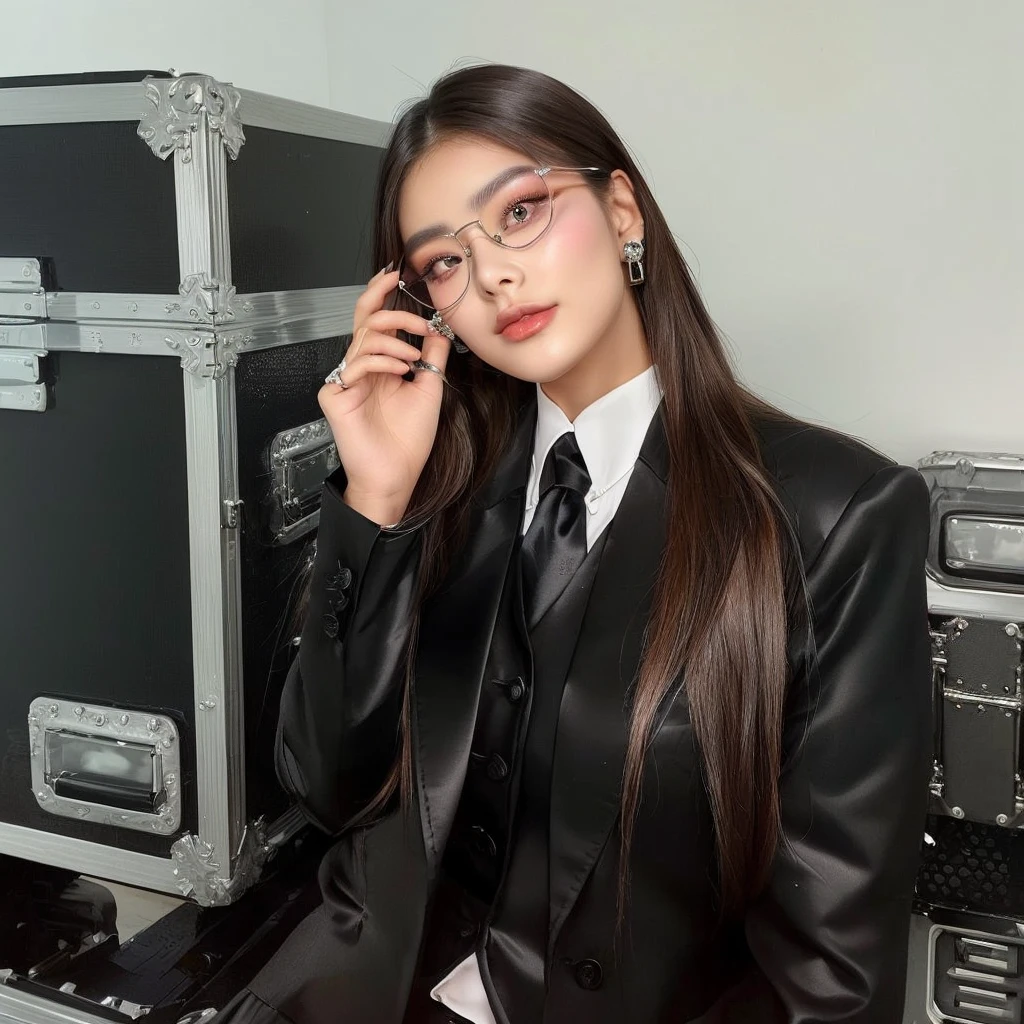 hay una mujer con traje negro y corbata, vistiendo traje y gafas, Yeji Itzy, yeji de itzy, retrato de Yeji de Itzy, Hwang Yeji, Hwang Yeji de Itzy, Yeji de itzy, chica de traje, Hwang Yeji, en traje con gafas negras, Hwang Yeji de itzy