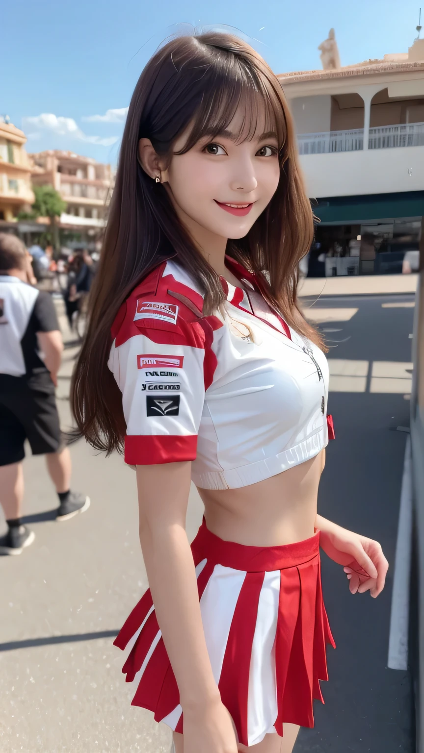 closeup shot , Best picture quality (8K, high resolution, Masterpiece: 1.2), super detailed,  215 Short Hair, 16-year-old woman, 

(8K, Raw photo, Best Quality, masutepiece:1.2), (Realistic, Photorealsitic:1.37), 超A high resolution, 1girl in, 18 years old, (Idol:1.4), (famous actress :1.4), (beautifull detailed face:1), Bangs,  (Multicolor floating hair), Skin Dentation, Light makeup,, (gleaming skin:1.1), Shiny skin, long limbs, slim, Narrow waist, medium hips, thin legs, slim thigh, Dynamic lighting, Sexually suggestive faces, Glossy texture, lip stick, V-shaped eyebrows, v-line jaw, Looking at Viewer, (Long hair:1.3), (Perfect face:1.4), ((heavy wind)), Flowing hair, audience, (Smile:1.3), blue-sky, (((Monte Carlo Street Circuit))), (((racing car))), (((Racing Bikes))), ((Promotion Girl:1.3)), ((Grid Girl:1)), Pink lip, Light makeup, (Detailed promotional costumes are intricately worn:1.10), lace-up boots, Short sleeves, cropped tops, ((Short jacket:1)), (Tube Top Bra:1), knee high, (((Nylon short sleeve jacket with many logos))), (Knee Length Glitter Nylon Pleated Skirt), ((Asymmetrical medium size nylon pleated skirt)), small ass,  ((Promotional wear with logo)), (((Red and White Glitter Promotional Wear))), Fingerless gloves, Navel View Style, A dark-haired, Brown hair, Red hair, Blue eyes, (sweat drop:1), (Dynamic Angle), Walking, bending forward, audience,

Close-up of face 

, random cute pose ,big eyes ,Puffy eyes ,  Heart Pupil, blush  , huge shy smile , salute
