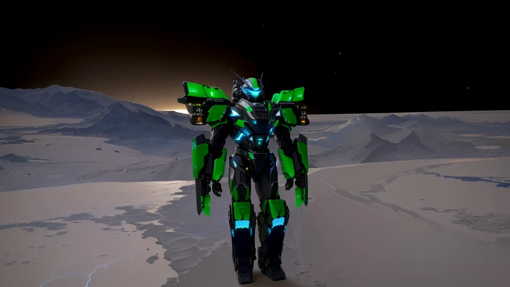a black colored male transformer with green inserts, symmetrically arranged green parts, on the frontof the body not transparent cabin, on the back - aircraft's wings, arms from elbows to hands look like the front part of a aircraft, wheels are visible on the shoulders, on the legs from knees to the ankle there are aircraft's repulsors and small aircraft's tail wings, no helmet, light blue eyes, two legs, two arms, not a suit, on a background there is an empty dark blue metal desert, no buildings, no structures, dark blue storm clouds, light blue lightning from the clouds, blue river, river to the horizon, electrified river, light blue lightning from the river, space sky, stars in the sky, composition on the metal planet, big metalic planet, dark-blue metal, shiny metal, cybertron, mechanical planet, empty wasteland, dark blue storm clouds, light blue lightning from clouds, blue river, river to horizon, electrized river, light blue lightning from river, space sky, stars on the sky, realistic, watercolor, 4k, high quality, hight attention to details, concept art, concept art by Chris Mowry.