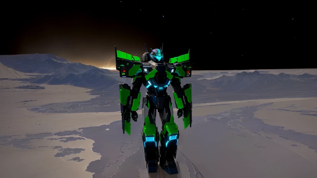 a black colored male transformer with green inserts, symmetrically arranged green parts, on the frontof the body not transparent cabin, on the back - aircraft's wings, arms from elbows to hands look like the front part of a aircraft, wheels are visible on the shoulders, on the legs from knees to the ankle there are aircraft's repulsors and small aircraft's tail wings, no helmet, light blue eyes, two legs, two arms, not a suit, on a background there is an empty dark blue metal desert, no buildings, no structures, dark blue storm clouds, light blue lightning from the clouds, blue river, river to the horizon, electrified river, light blue lightning from the river, space sky, stars in the sky, composition on the metal planet, big metalic planet, dark-blue metal, shiny metal, cybertron, mechanical planet, empty wasteland, dark blue storm clouds, light blue lightning from clouds, blue river, river to horizon, electrized river, light blue lightning from river, space sky, stars on the sky, realistic, watercolor, 4k, high quality, hight attention to details, concept art, concept art by Chris Mowry.