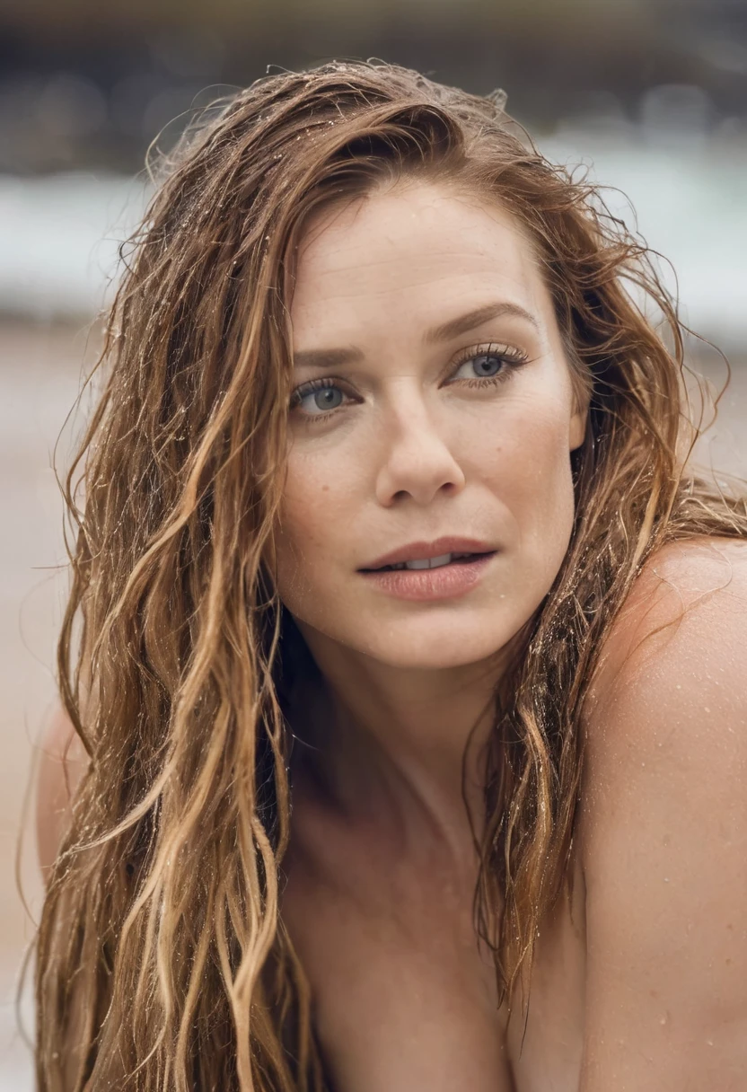 high quality Erotic shot , celebrity erotic photograph nude, topless, extremely long hair , erotic photoshoot , fit muscular figure , exhausted look, rainy, wet, shiny sweaty skin, seductive expression , on beach, wet hair, dark atmosphere, erotic lighting , rosy white pale skin tone , erect nipples , celebrity, female, woman, hollywood actress, , erotic angle , fleshy muscular woman , ( natural lights, depth of field, insanely detailed skin texture, hyper detailed features )