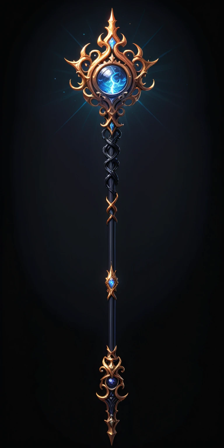 pixel art, cartoon illustration, Divine glavie greatstaff, Powerfull Magical theme, simple black background, RPG game icon 